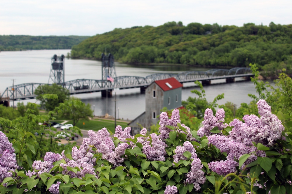 Things to do in Stillwater, photo of the lift bridge, lilacs, and the St. Croix River