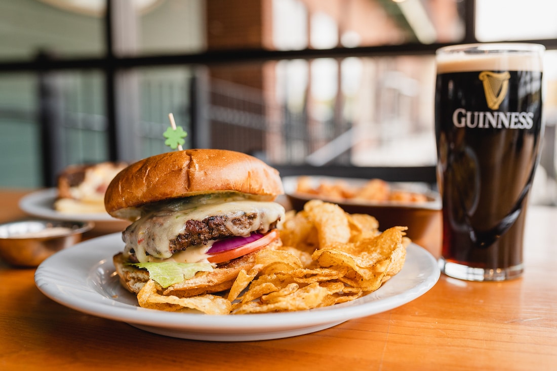 Photo of Charlie's Pub hamburger and beer, one of the best bars in Stillwater, MN