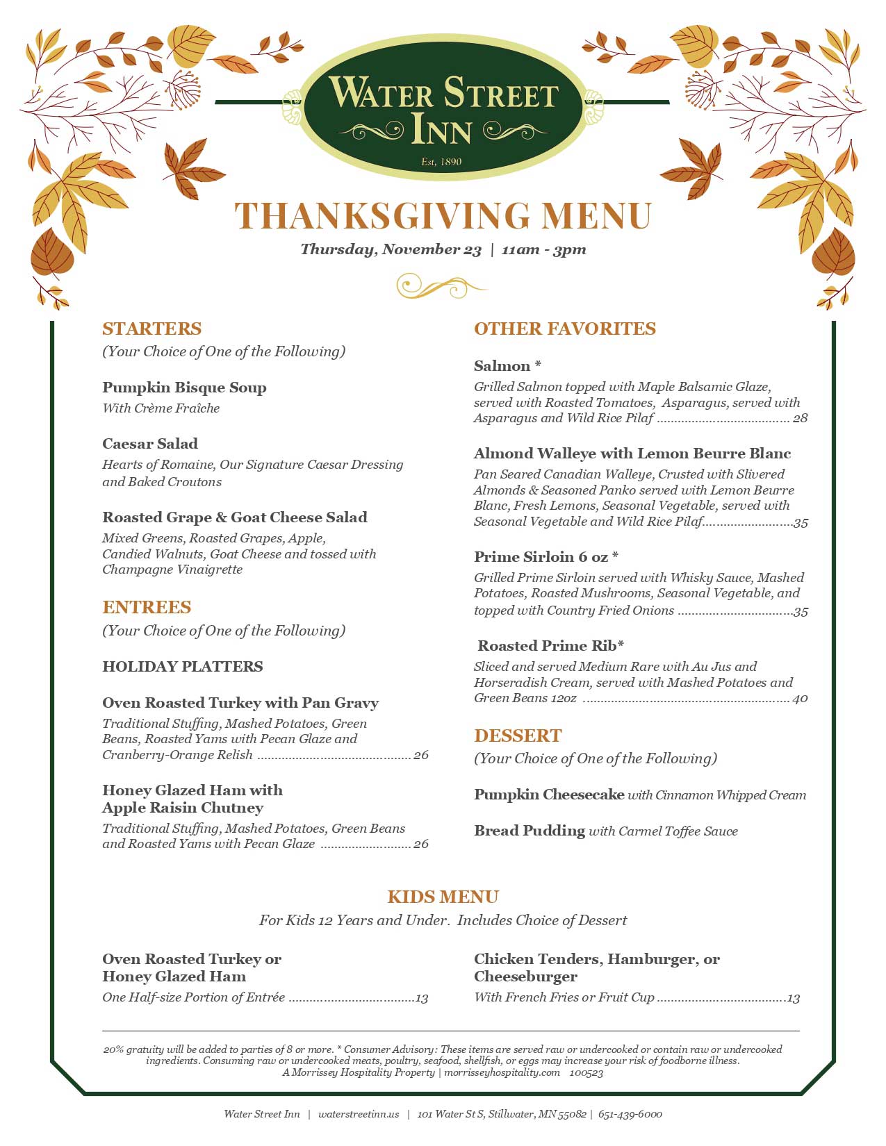 Thanksgiving 4 Water Street Inn a Stillwater MN Hotel & Wedding Venue